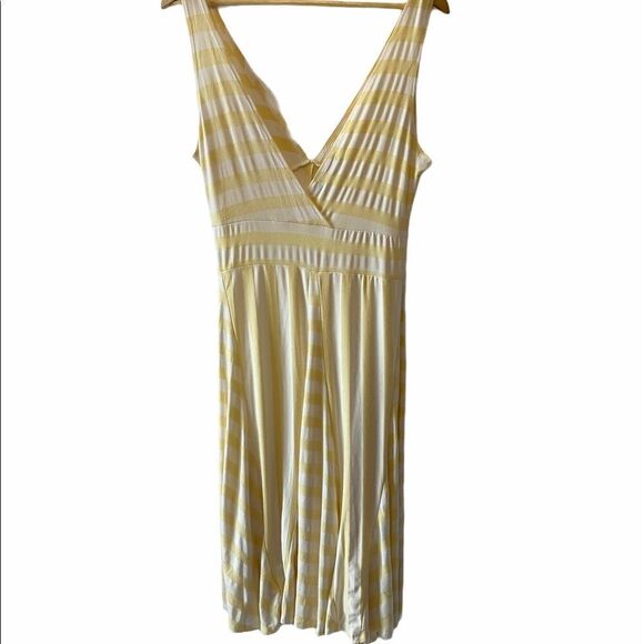 Yellow & Cream Striped Stretch Deep V MIDI Dress M - Picture 3 of 8